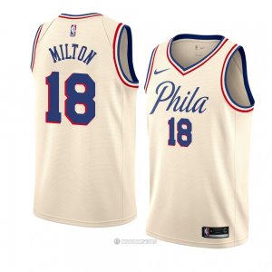 Camiseta Philadelphia 76ers Shake Milton #18 Ciudad 2018 Crema