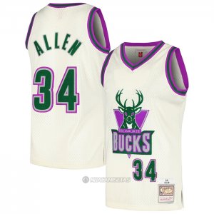 Camiseta Milwaukee Bucks Ray Allen #34 Mitchell & Ness Chainstitch Crema