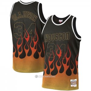 Camiseta Houston Rockets Hakeem Olajuwon #34 Flames Negro