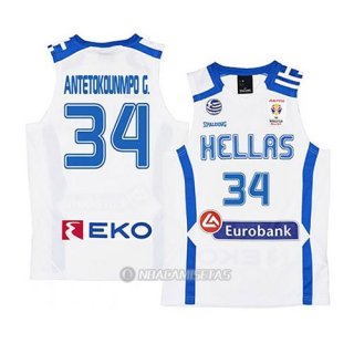 Camiseta Grecia Giannis Antetokounmpo #34 2019 FIBA Baketball World Cup Blanco