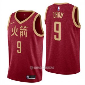 Camiseta Houston Rockets Zhou Qi #9 Ciudad 2018-19 Rojo